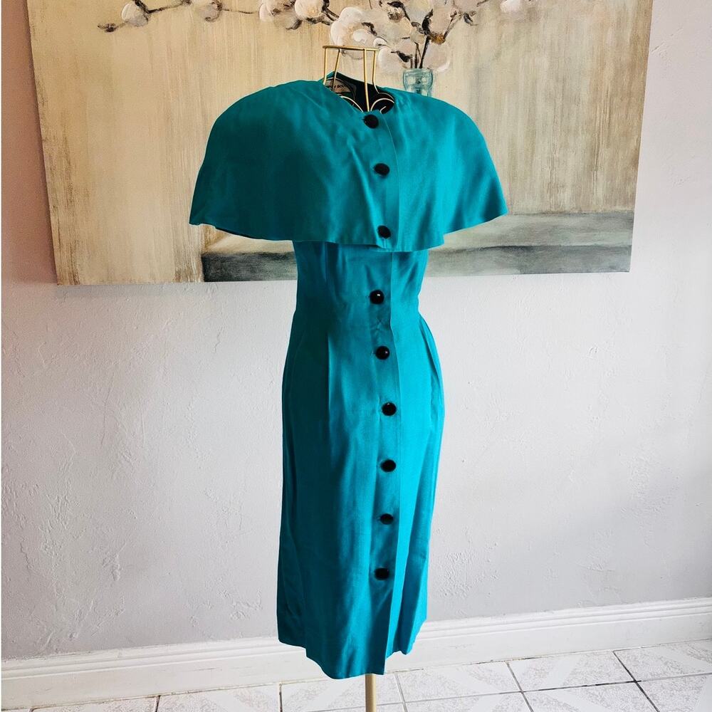 Nipon Boutique Teal Cape Midi Dress US 8 Made USA Viscose Linen 80s